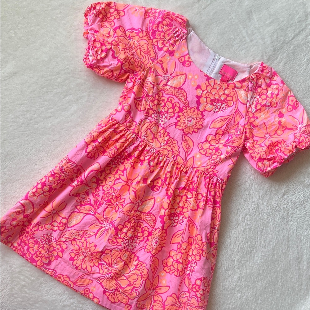 Lilly Pulitzer Pink & Orange Floral Girl's Dress with Puff Sleeves